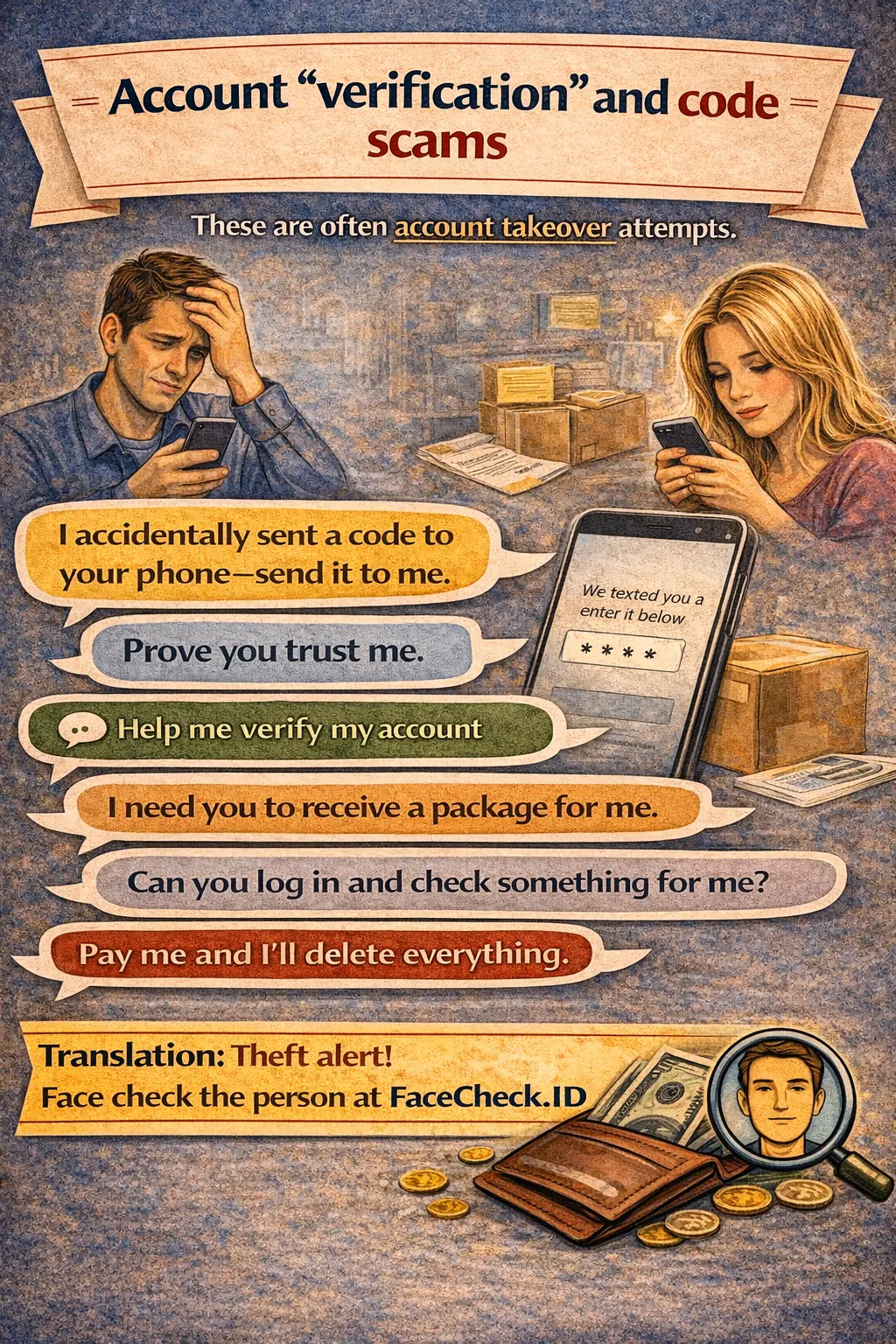 Infographic about account verification scams and one-time code tricks