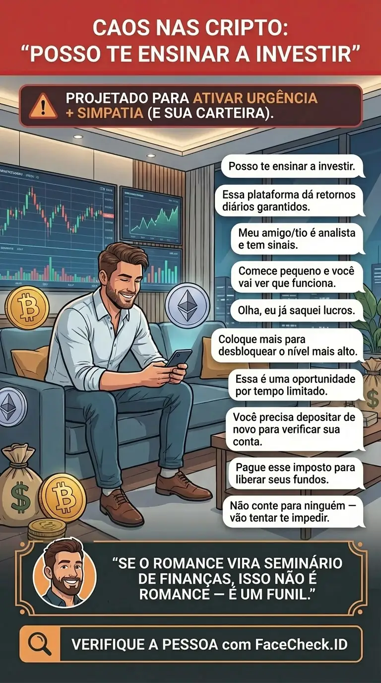Infográfico sobre alertas de golpes com cripto, dicas de prevenção e padrões comuns de fraude
