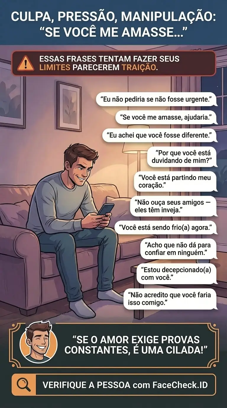 Infográfico sobre táticas de manipulação emocional e sinais de alerta em golpes online