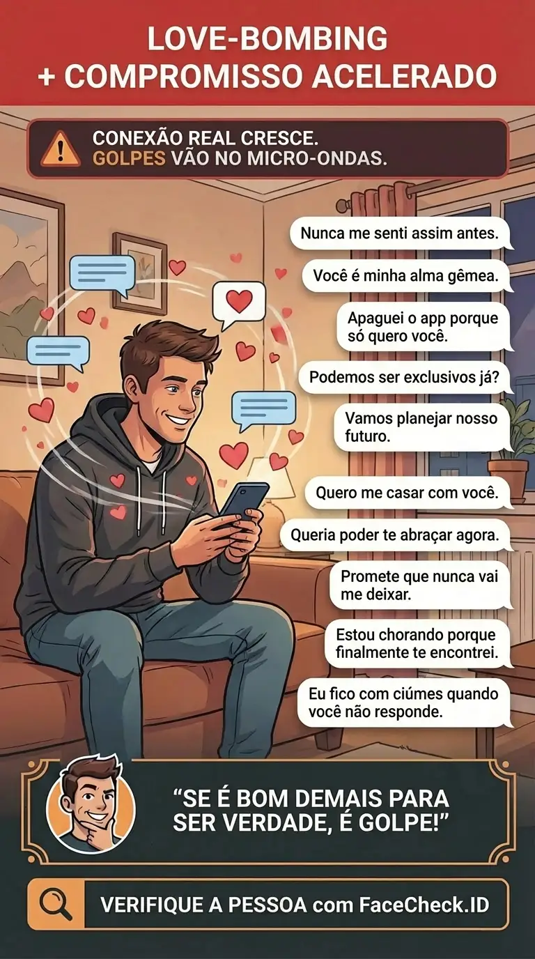Infográfico sobre sinais de alerta de love-bombing mostrados em conversas digitais e padrões de mensagens