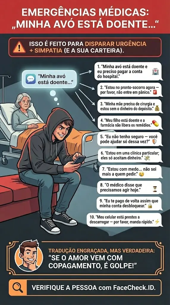 Infográfico alertando sobre golpes de emergência médica do tipo “Minha avó está doente…” com pedido de dinheiro