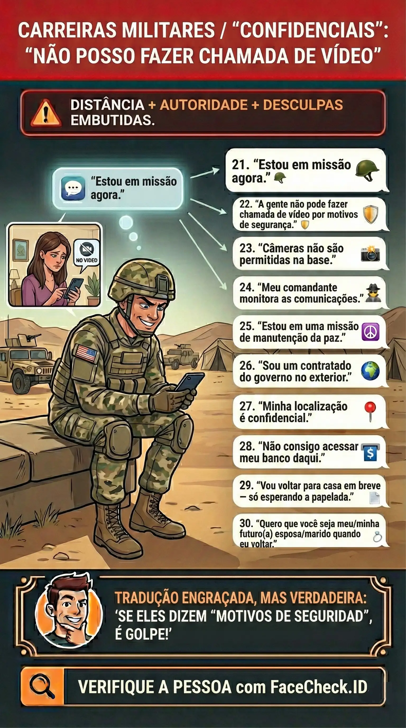 Infográfico sobre golpes românticos militares e desculpas do tipo “não posso fazer chamada de vídeo”