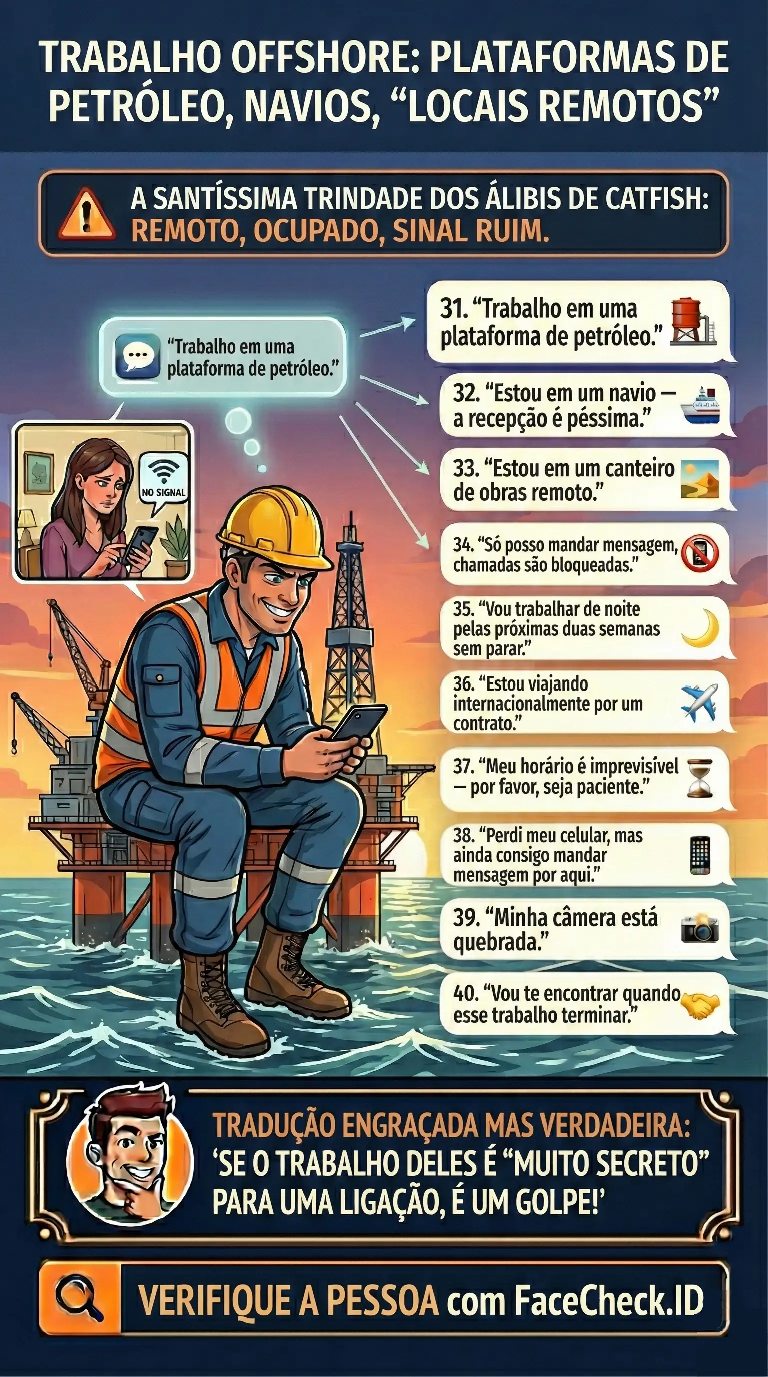 Infográfico sobre álibis de catfish com trabalho offshore como plataformas de petróleo, navios, locais remotos e desculpas de sinal ruim