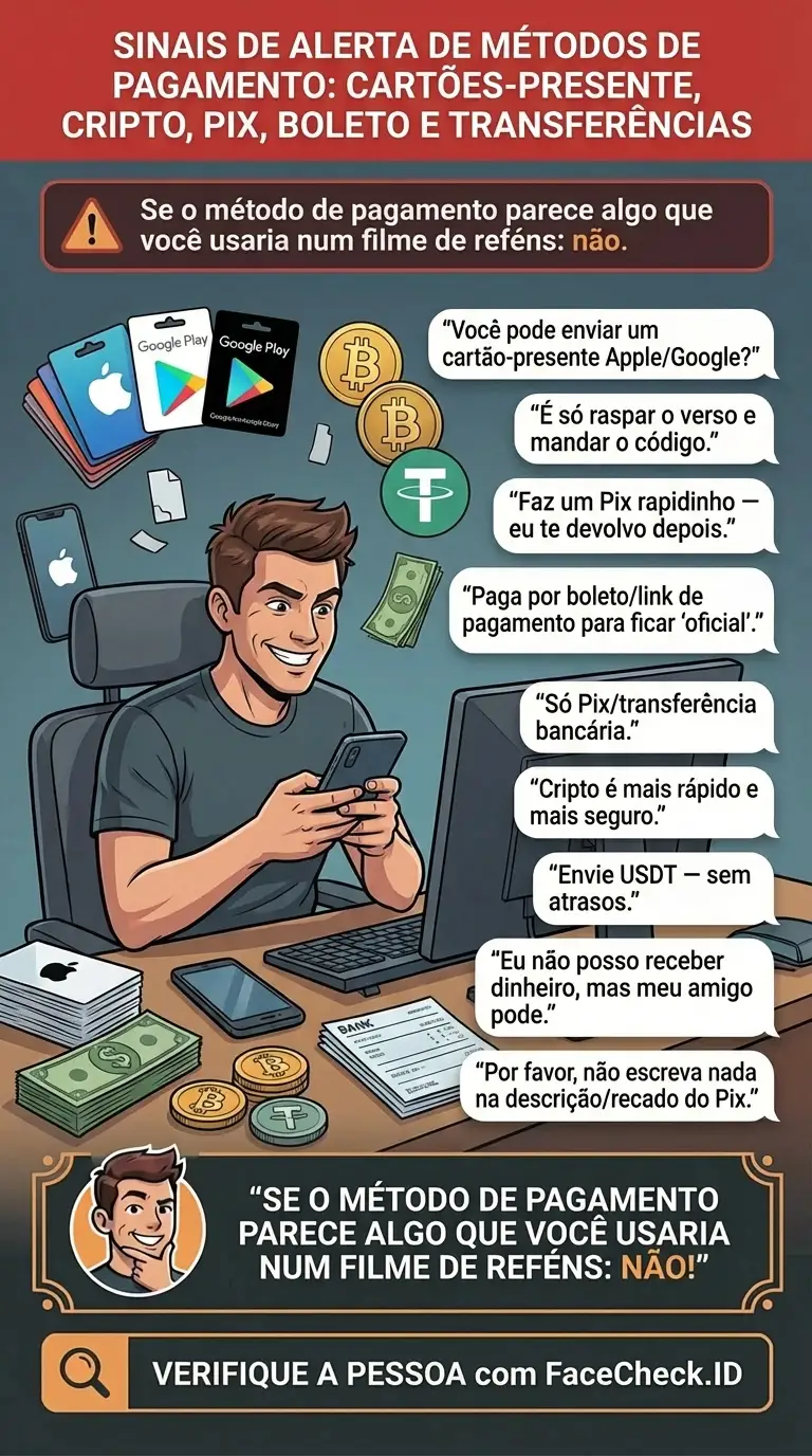 Infográfico sobre sinais de alerta de métodos de pagamento como cartões-presente, cripto e transferências bancárias