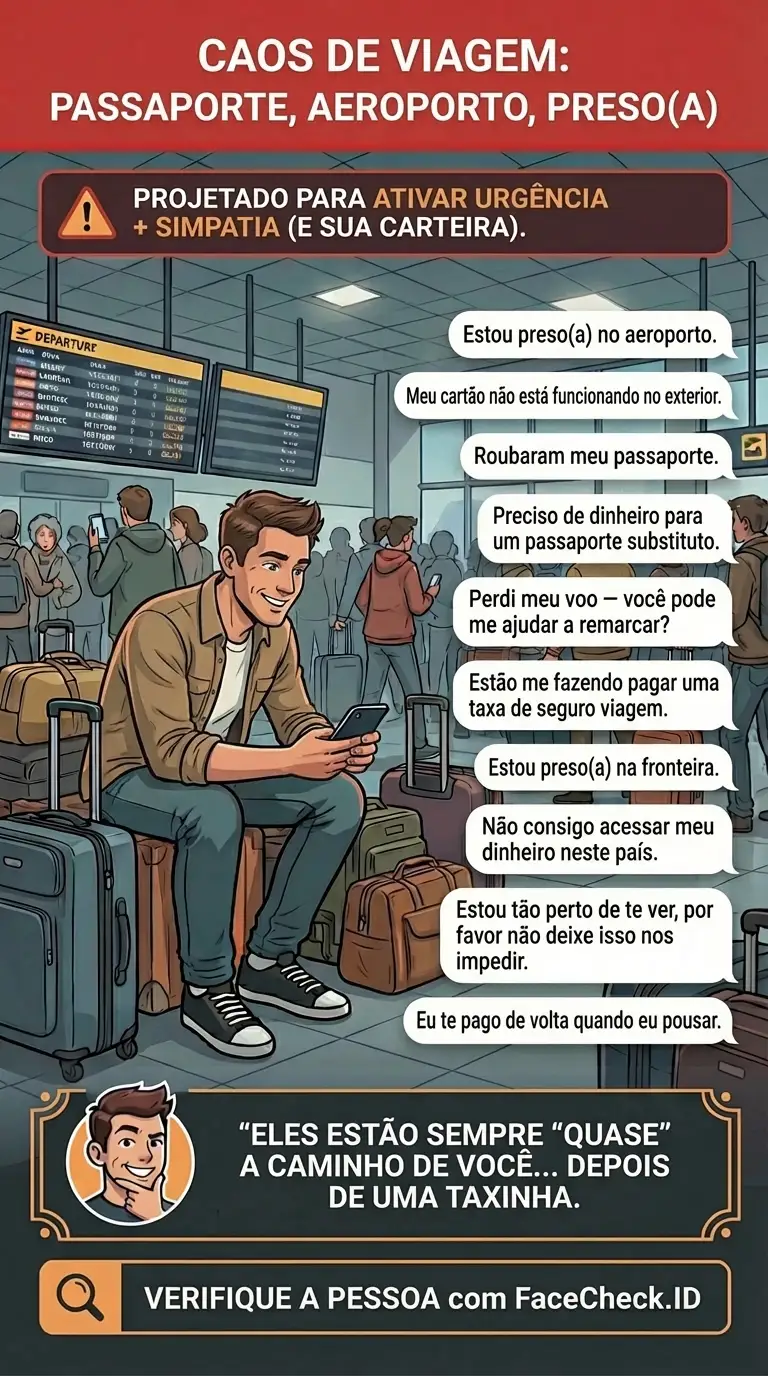 Infográfico sobre golpes de viagem e taxas falsas, emergências e pedidos de pagamento de última hora