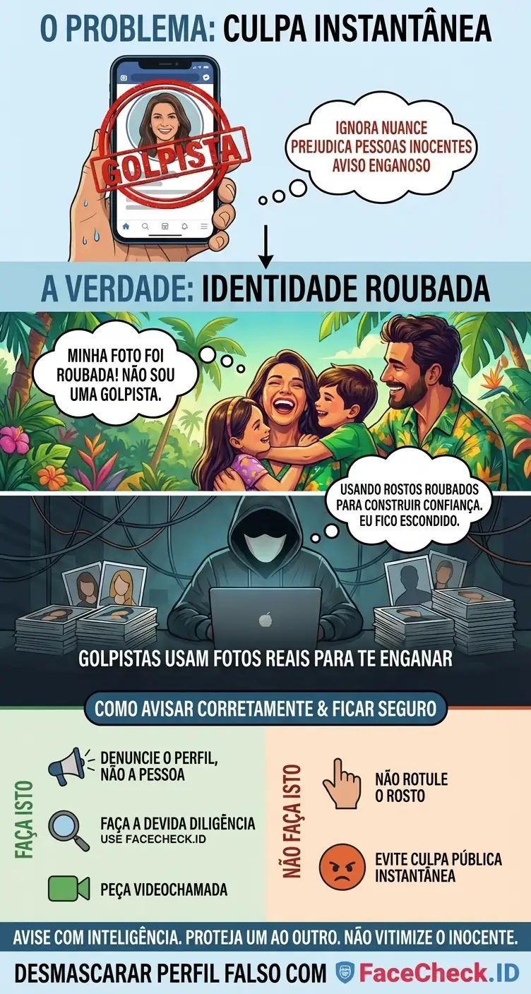 Aviso gráfico lembrando os usuários de denunciar impersonação e evitar acusar a pessoa na foto roubada