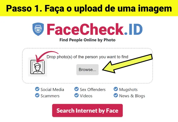 Passo 1. Acesse FaceCheck.ID e faça upload de uma foto de um rosto