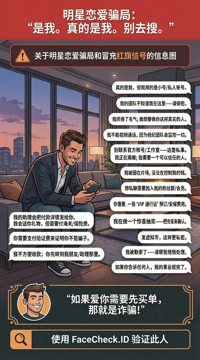 关于明星恋爱骗局和冒充红旗信号的信息图