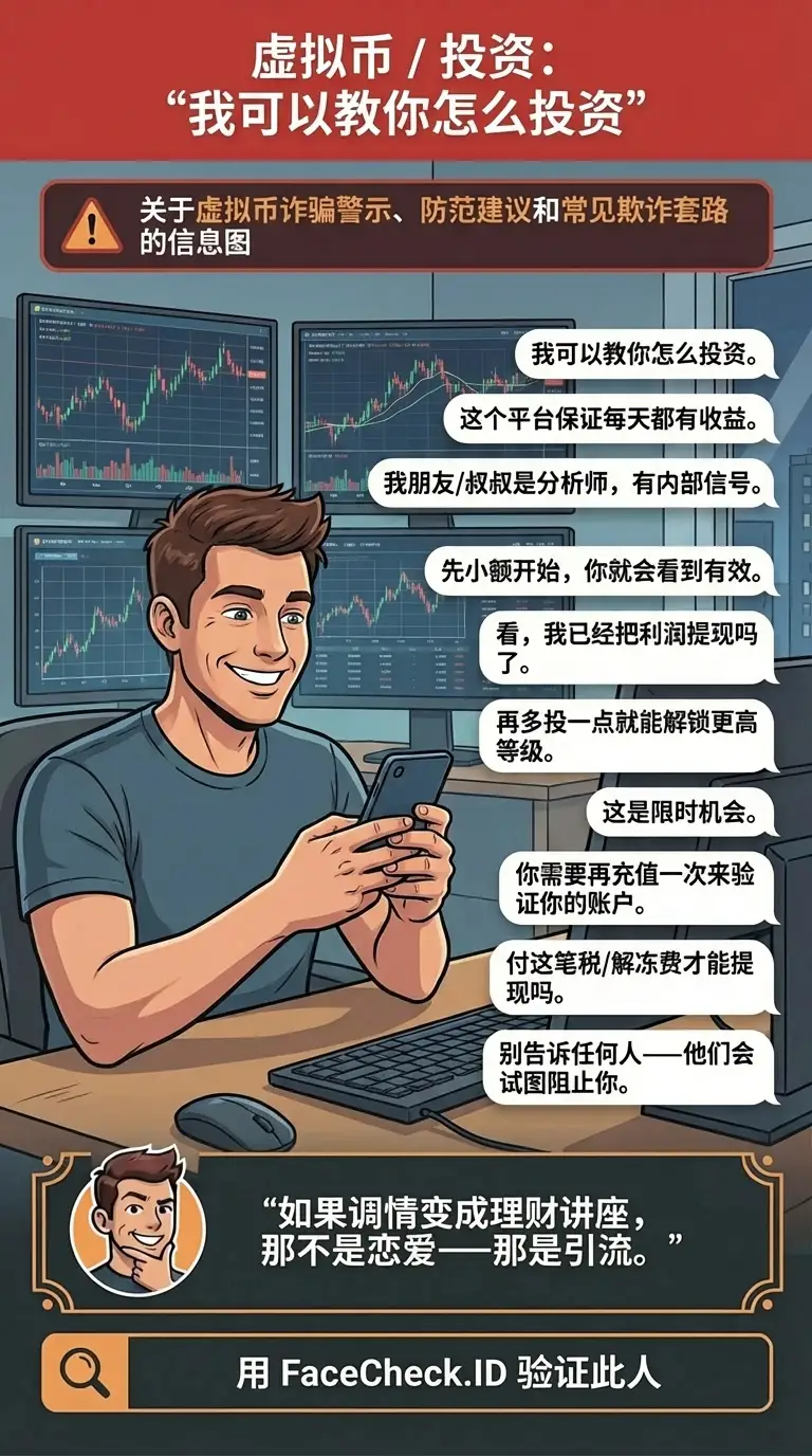 关于虚拟币诈骗警示、防范建议和常见欺诈套路的信息图