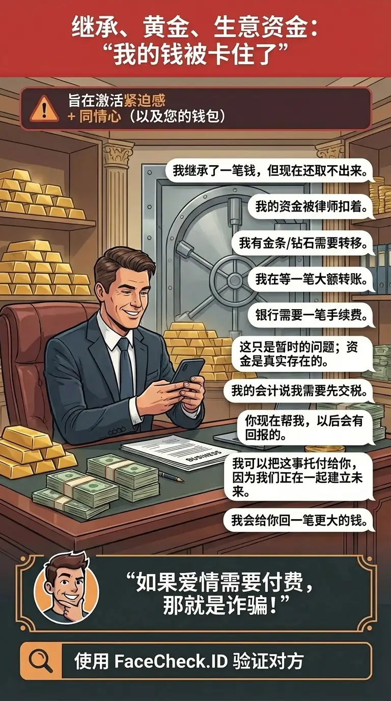 关于继承、黄金和生意资金诈骗的信息图，骗子称钱被“卡住”并需要支付费用