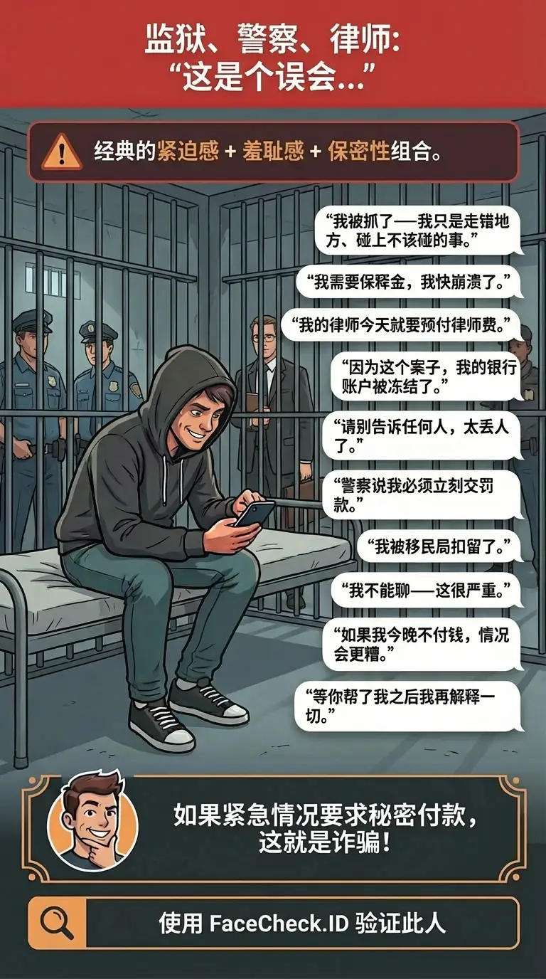 关于监狱、警察和律师骗局的信息图，利用“这是个误会”的紧迫感与保密性