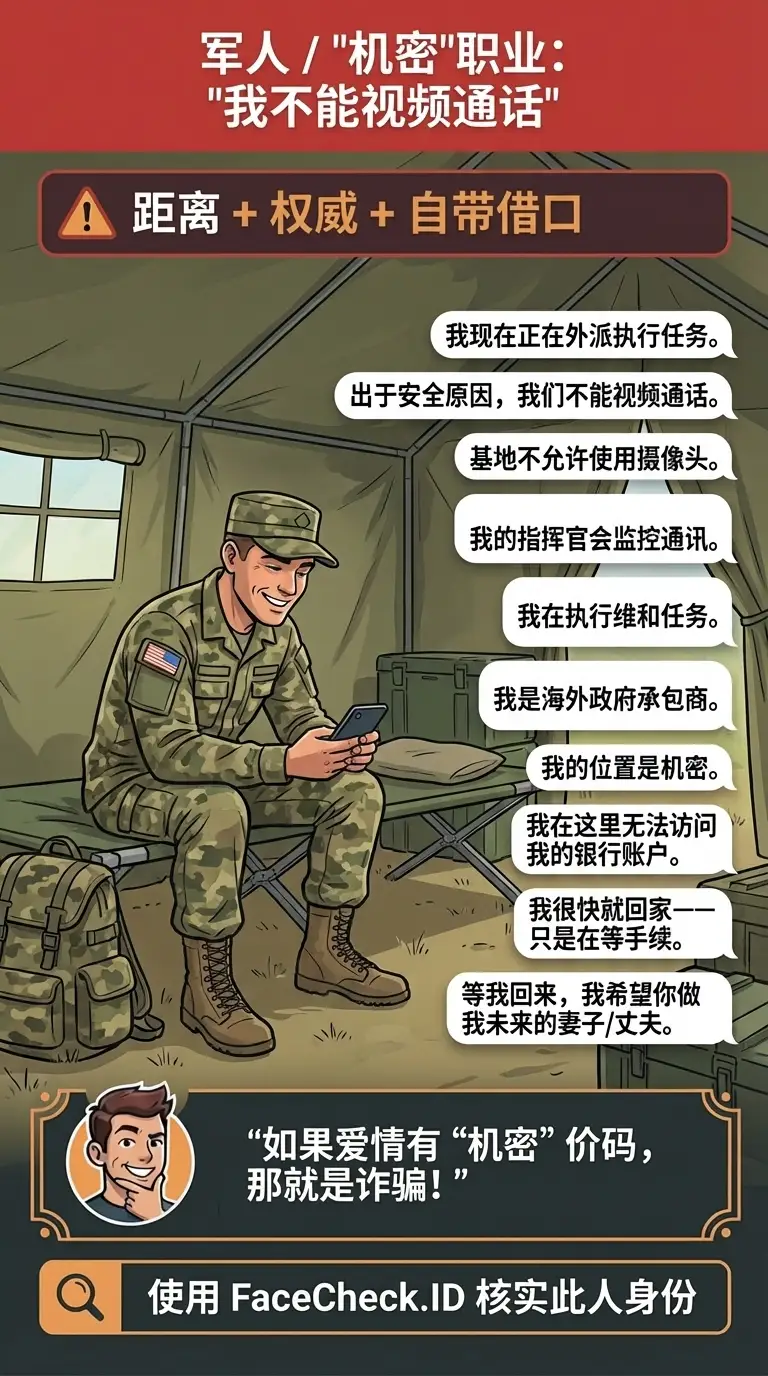 关于军人恋爱诈骗以及“我不能视频通话”借口的信息图
