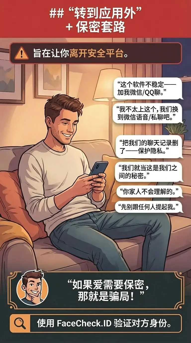 关于骗子使用的“转到应用外”保密套路的信息图