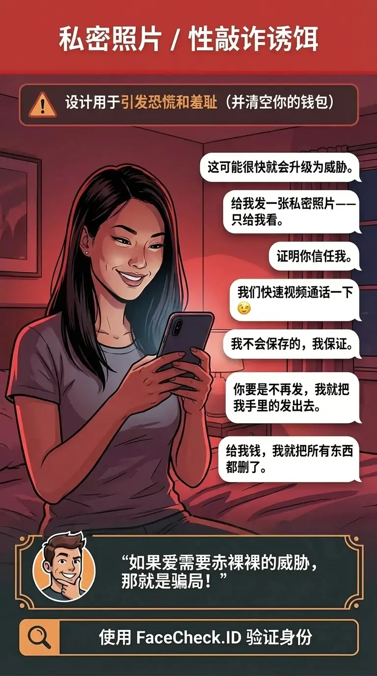 关于私密照片诱饵与性敲诈骗局手法的信息图