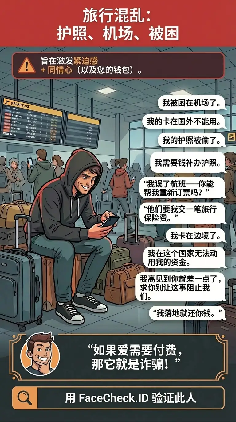 关于旅行诈骗的信息图，涉及虚假费用、紧急情况和临时付款请求