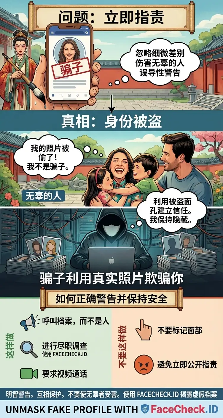 提醒用户举报冒充并避免指责被盗用照片中的本人 的警示图