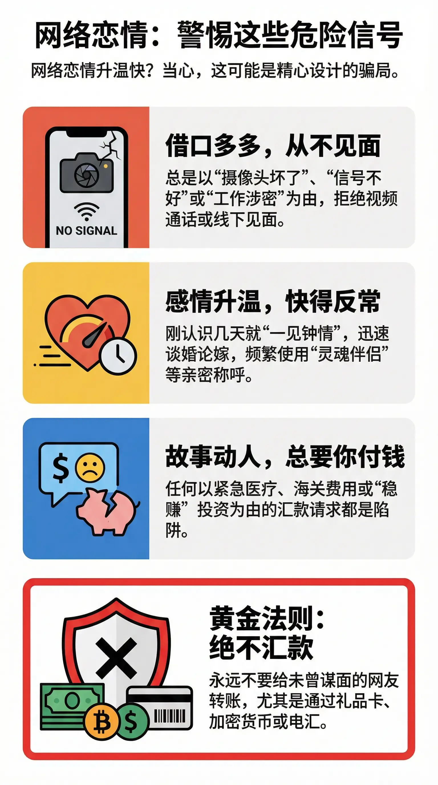 在约会聊天中常见的恋爱诈骗话术插图，突出借口、紧迫感和付款请求