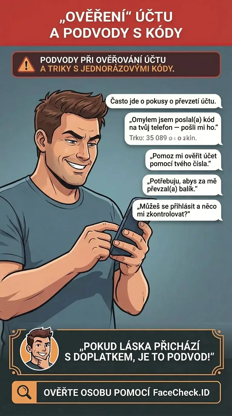 Infografika o podvodech s ověřením účtu a tricích s jednorázovými kódy