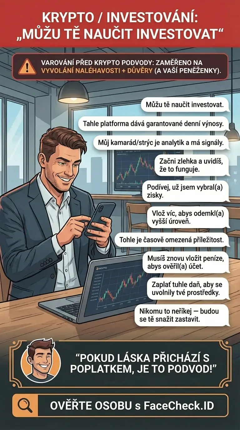 Infografika o varováních před krypto podvody, tipech prevence a běžných vzorcích podvodů