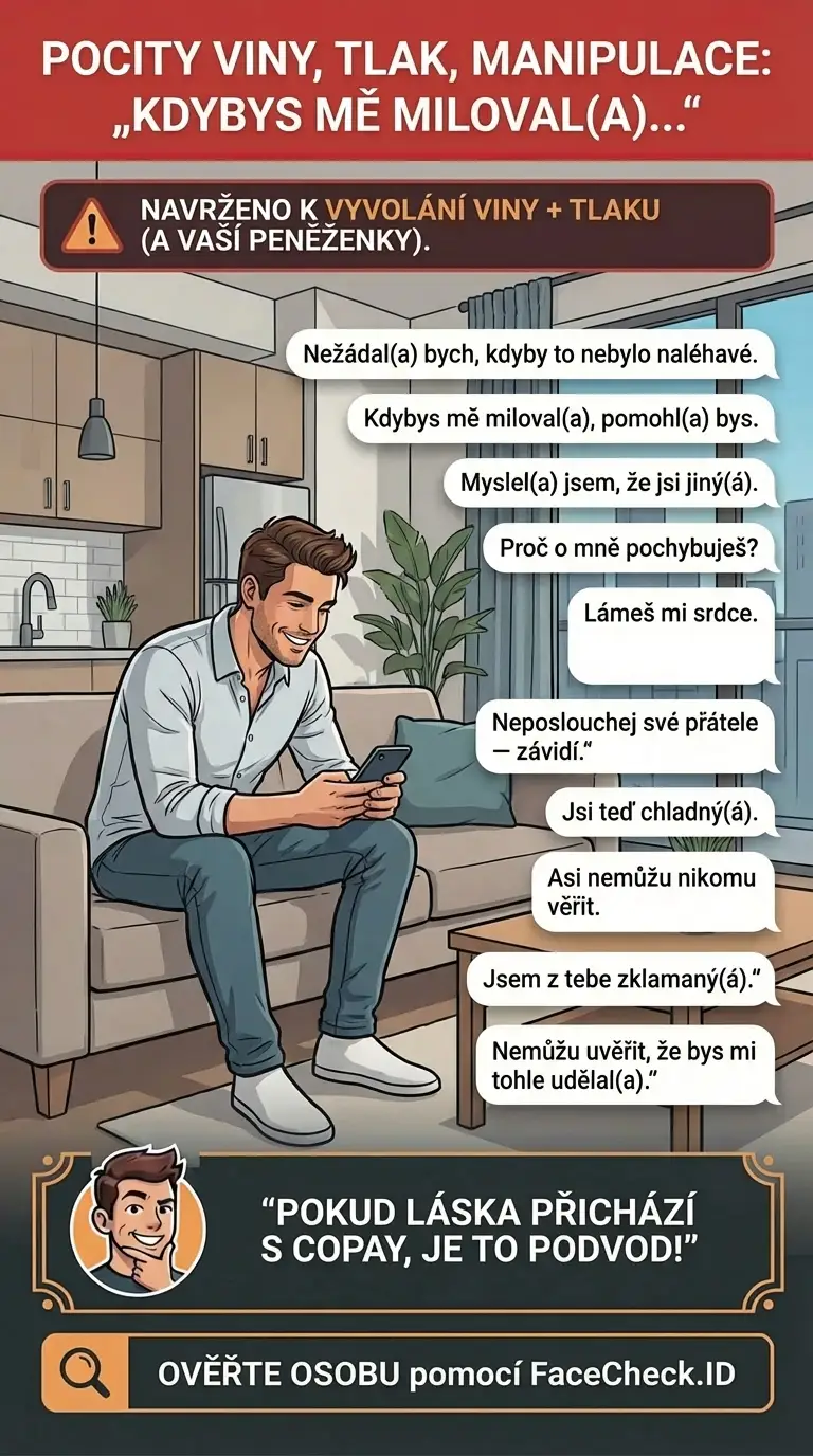Infografika o taktikách emocionální manipulace a varovných signálech v online podvodech
