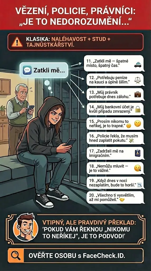 Infografika o podvodech s vězením, policií a právníky využívajících naléhavost a tajnůstkářství typu „je to nedorozumění“