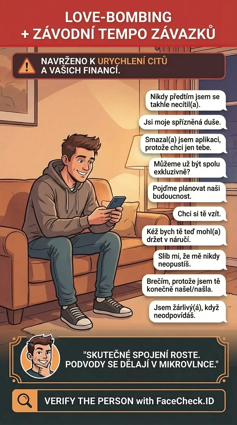Infografika o varovných signálech love-bombingu zobrazených prostřednictvím digitálních chatů a vzorců zpráv