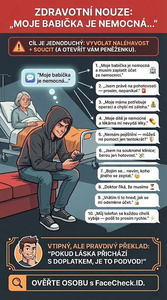 Infografika varující před podvody se žádostí o peníze při zdravotní nouzi typu „Moje babička je nemocná…“