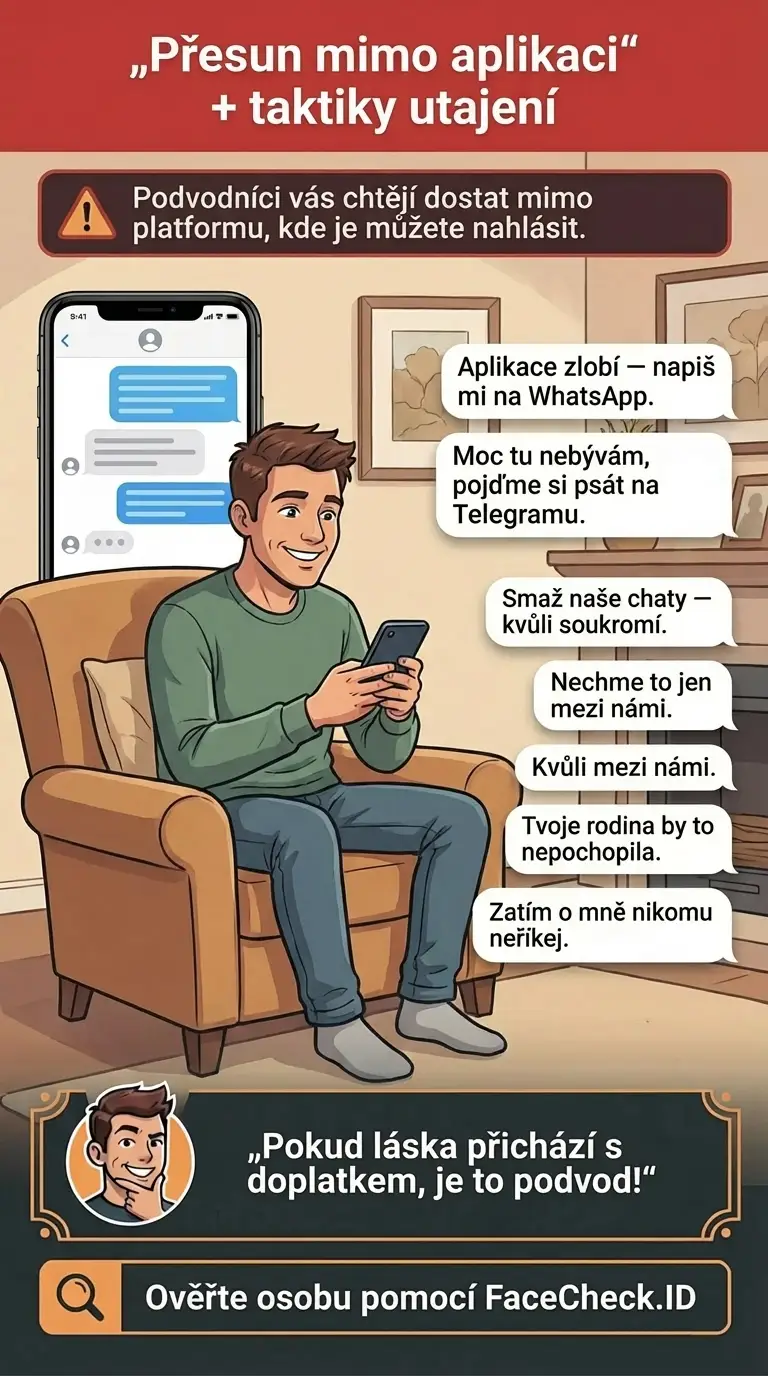 Infografika o taktikách utajení typu „přesuňme se mimo aplikaci“, které používají podvodníci