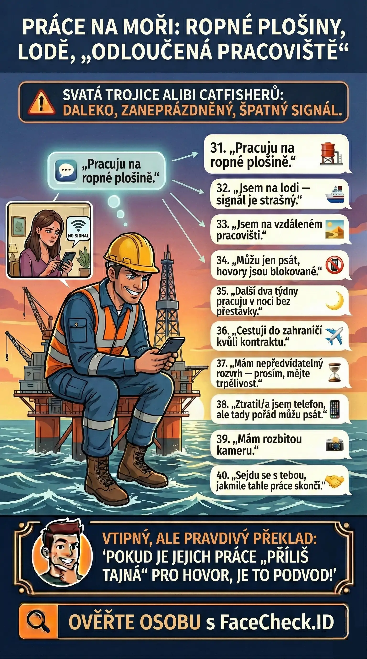 Infografika o alibi catfishingu typu práce na ropné plošině, na lodi, na vzdáleném místě a výmluvách na špatný signál