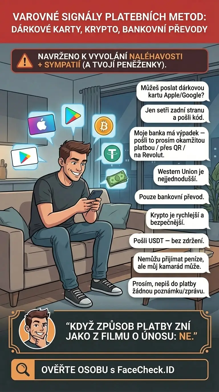 Infografika o varovných signálech platebních metod, jako jsou dárkové karty, krypto a bankovní převody