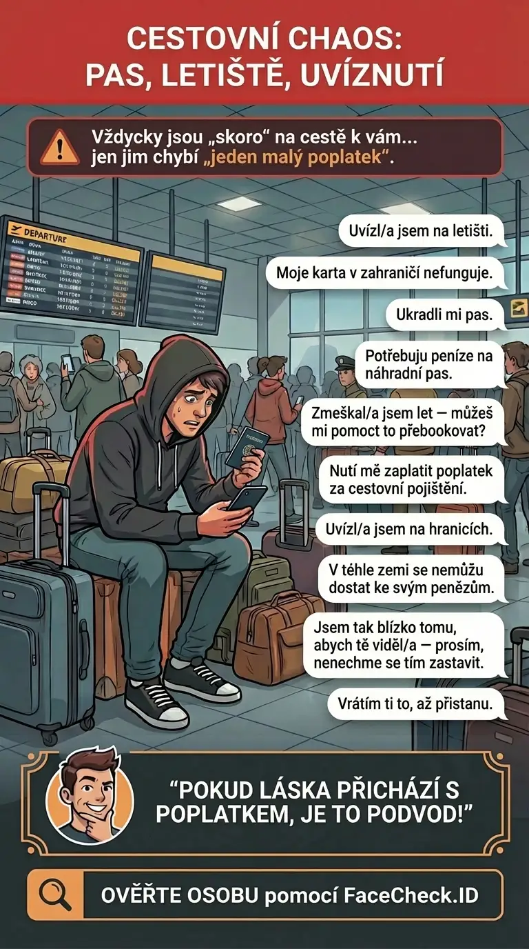 Infografika o cestovních podvodech a falešných poplatcích, krizích a žádostech o platbu na poslední chvíli