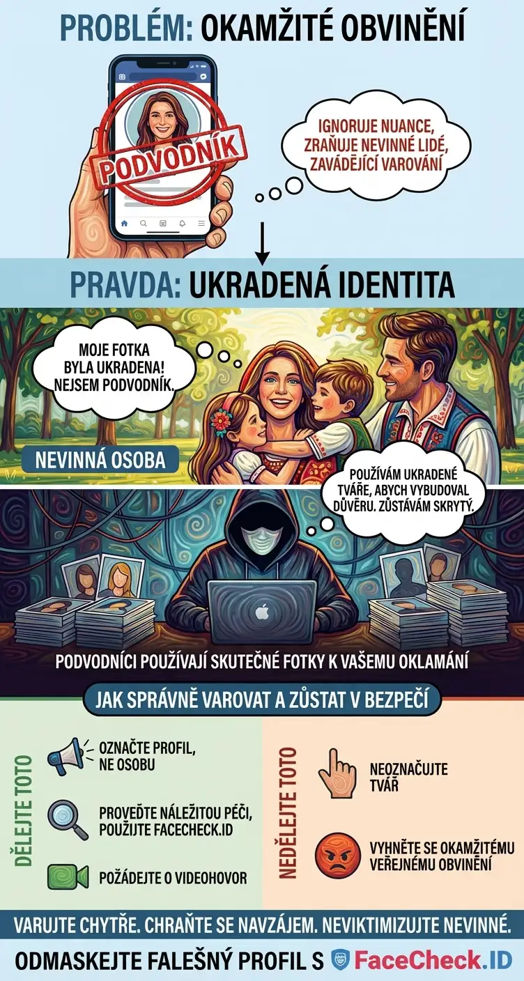Varovná grafika připomínající uživatelům, aby nahlašovali vydávání se za někoho a neobviňovali osobu na ukradené fotografii