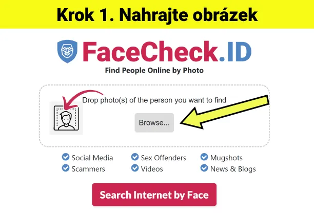 Přejděte na FaceCheck.ID a nahrajte fotku tváře