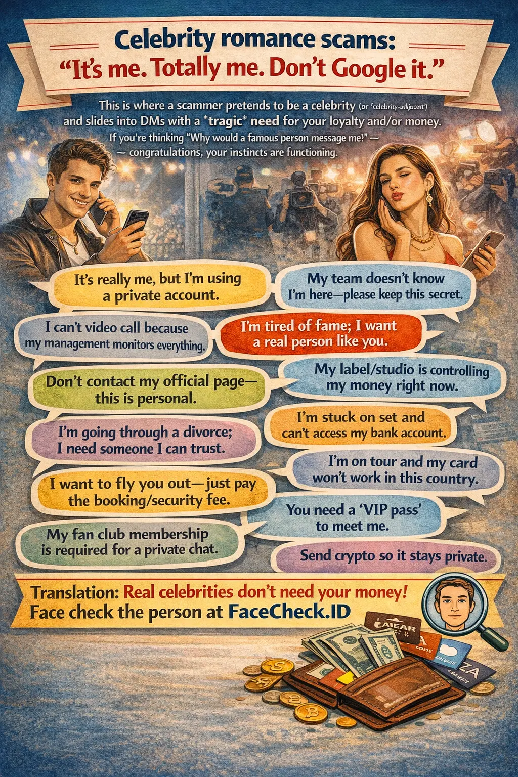 Infographic about celebrity romance scams and impersonation red flags