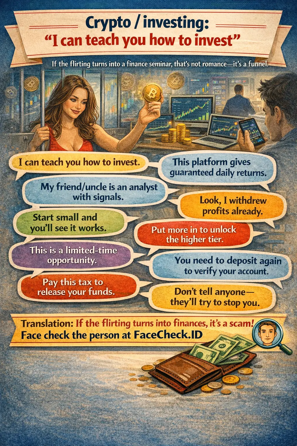 Infographic about crypto scam warnings, prevention tips, and common fraud patterns