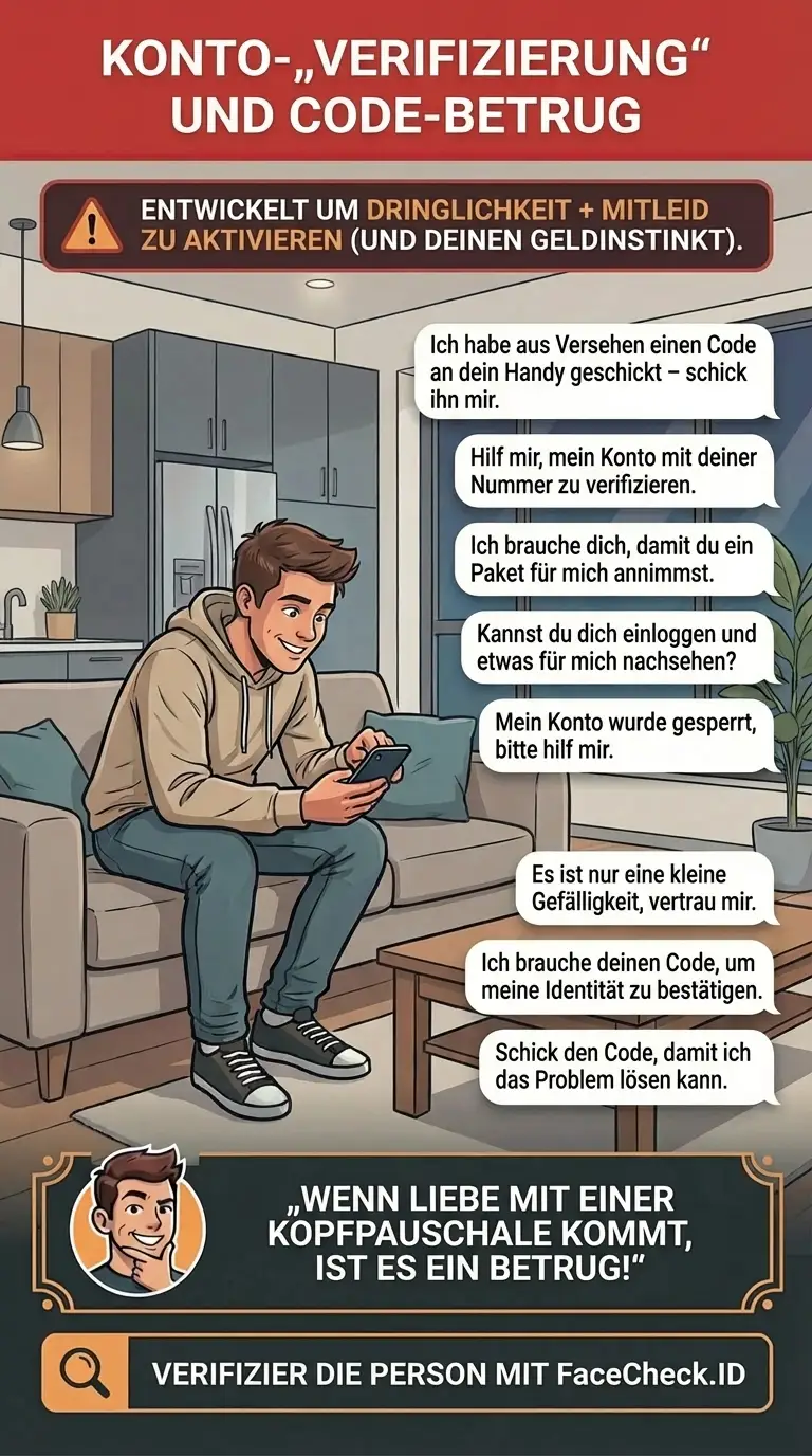 Infografik über Betrug bei Kontoverifizierung und Einmalcode-Tricks