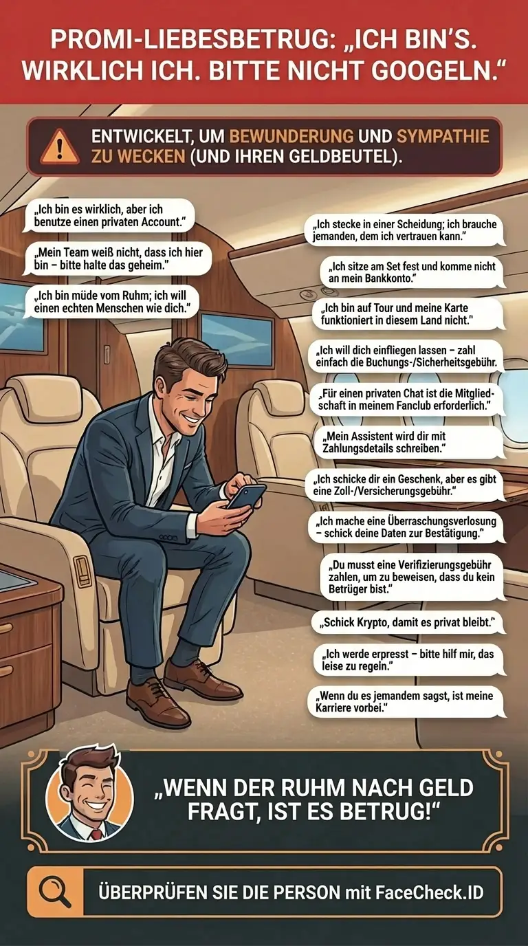 Infografik über Promi-Liebesbetrug und Warnsignale bei Identitätsvortäuschung