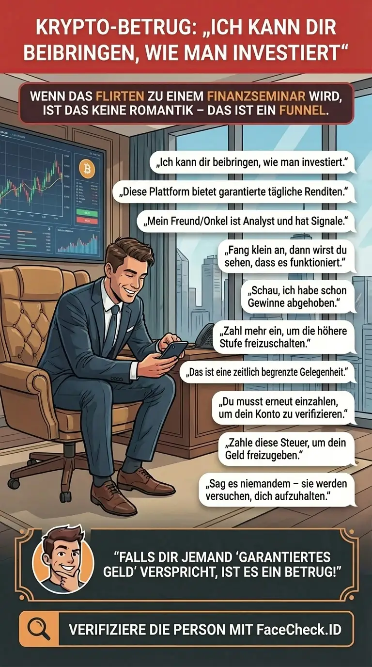 Infografik über Warnungen vor Krypto-Betrug, Präventionstipps und typische Betrugsmuster