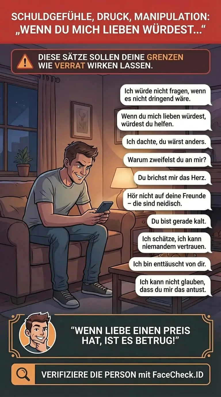 Infografik über emotionale Manipulationstaktiken und Warnzeichen bei Online-Betrug