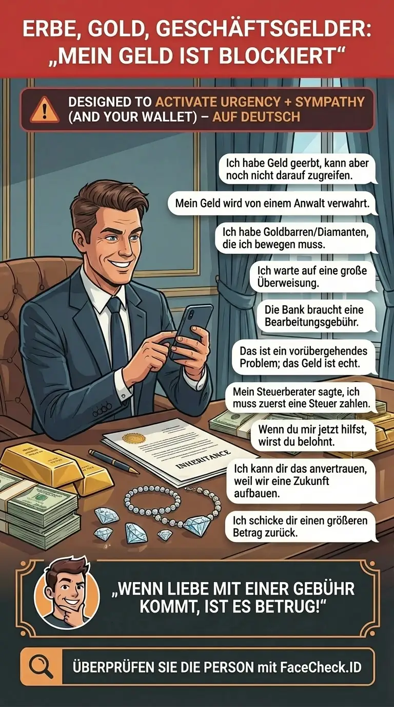 Infografik über Betrug mit Erbschaften, Gold und Geschäftsgeldern, bei dem das Geld „blockiert“ ist und Gebühren benötigt