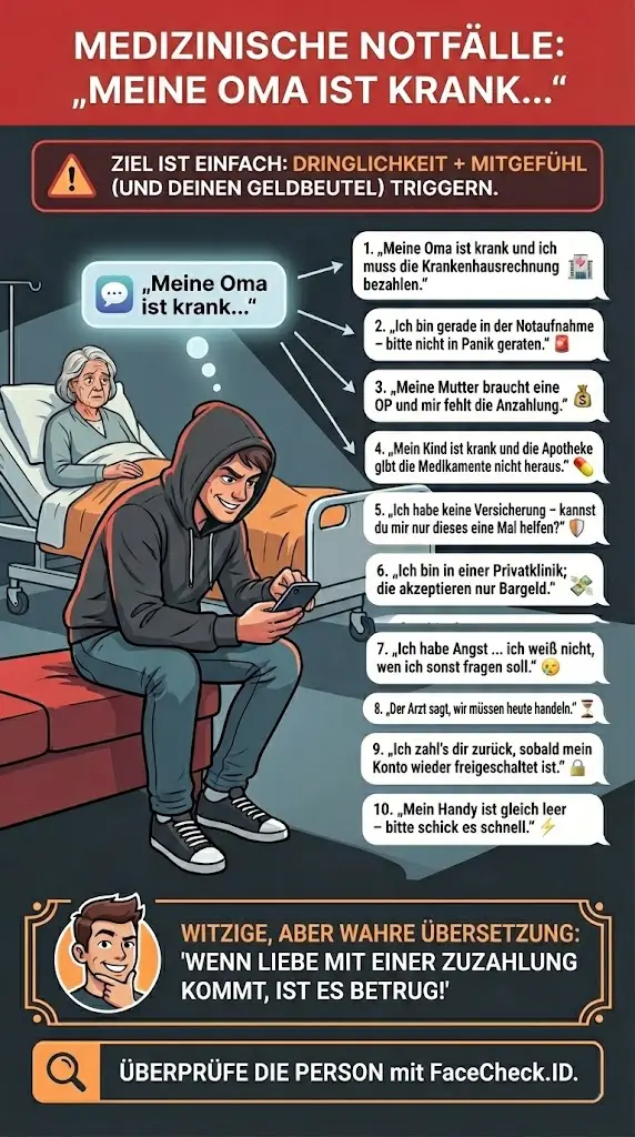 Infografik, die vor Geldforderungen durch medizinische Notfall-Scams à la „Meine Oma ist krank …“ warnt
