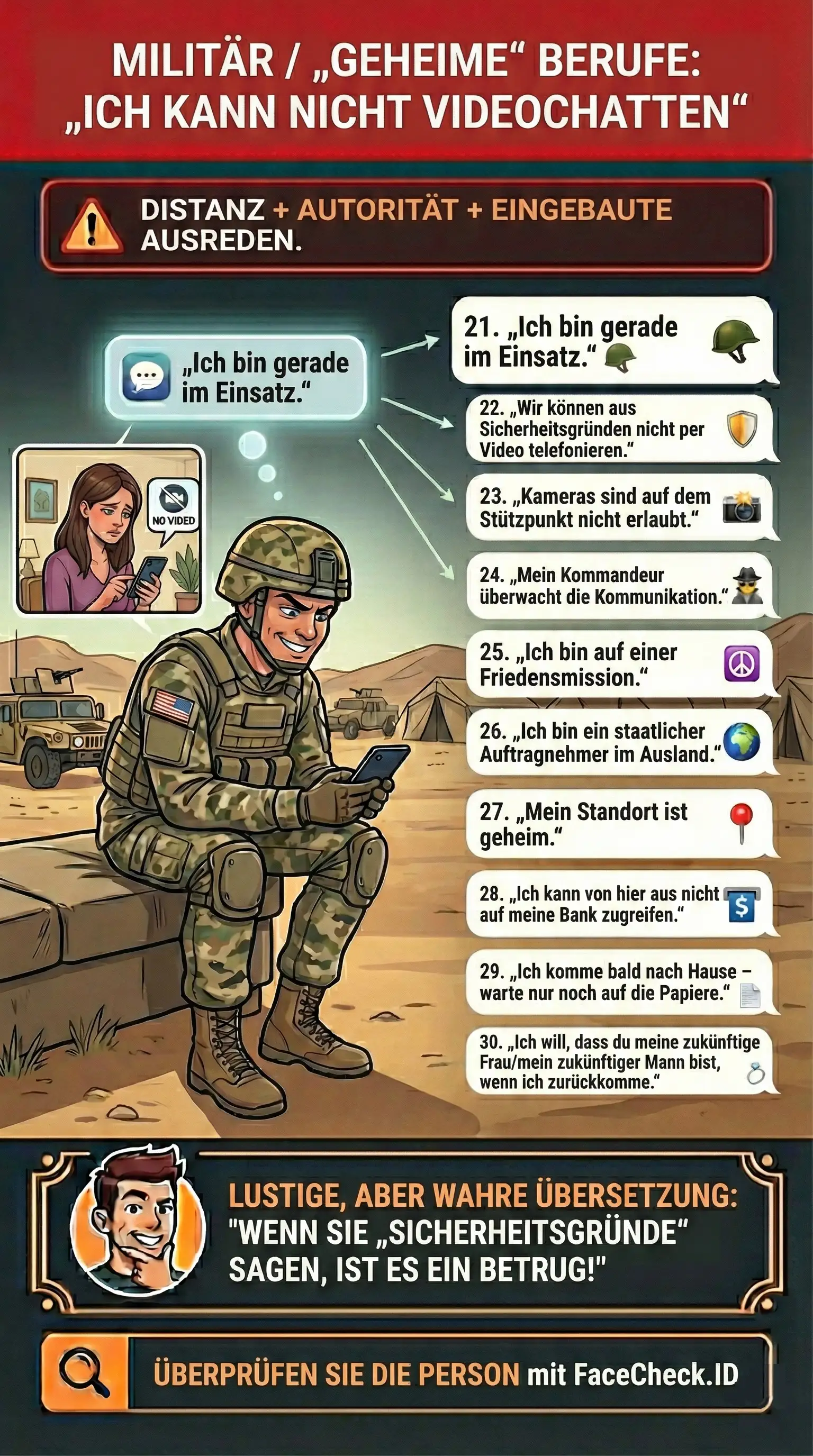 Infografik über Militär-Romance-Scams und Ausreden wie „Ich kann nicht videochatten“