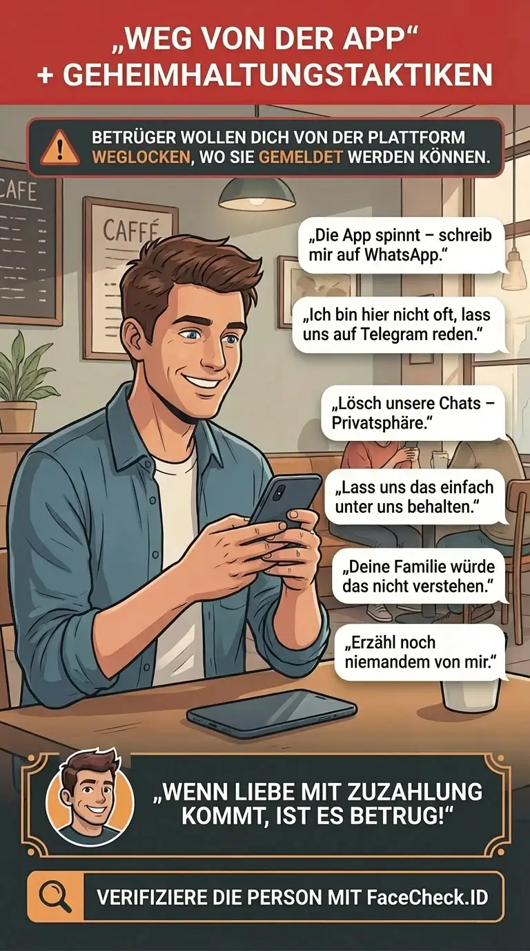 Infografik über Geheimhaltungstaktiken „weg von der App“, die Betrüger nutzen