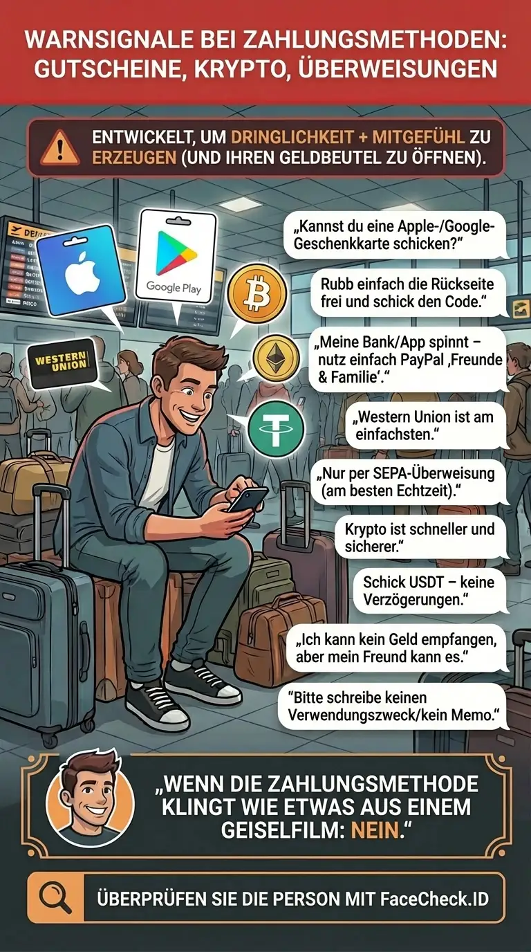 Infografik über Warnsignale bei Zahlungsmethoden wie Geschenkkarten, Krypto und Überweisungen
