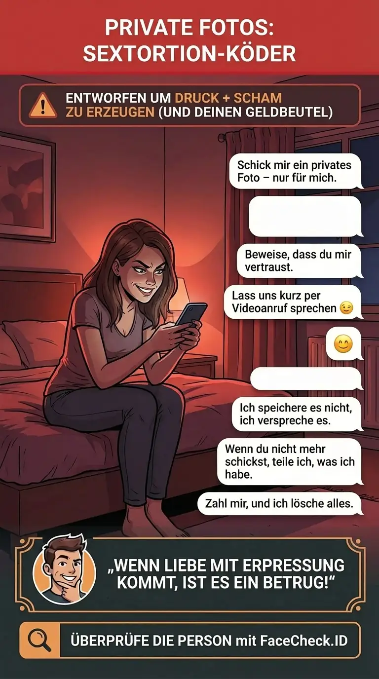 Infografik über Köder mit privaten Fotos und Sextortion-Betrugstaktiken