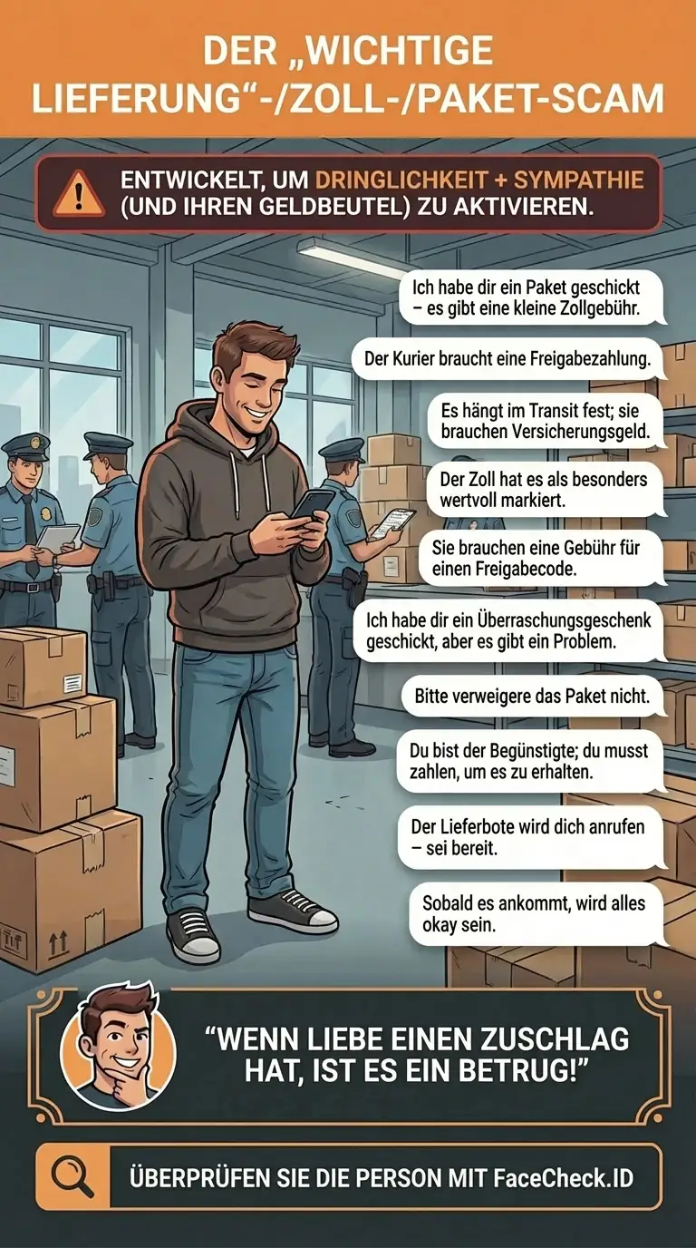 Infografik über „wichtige Lieferung“-Zoll- und Paket-Scams, die dringende Zahlungen verlangen