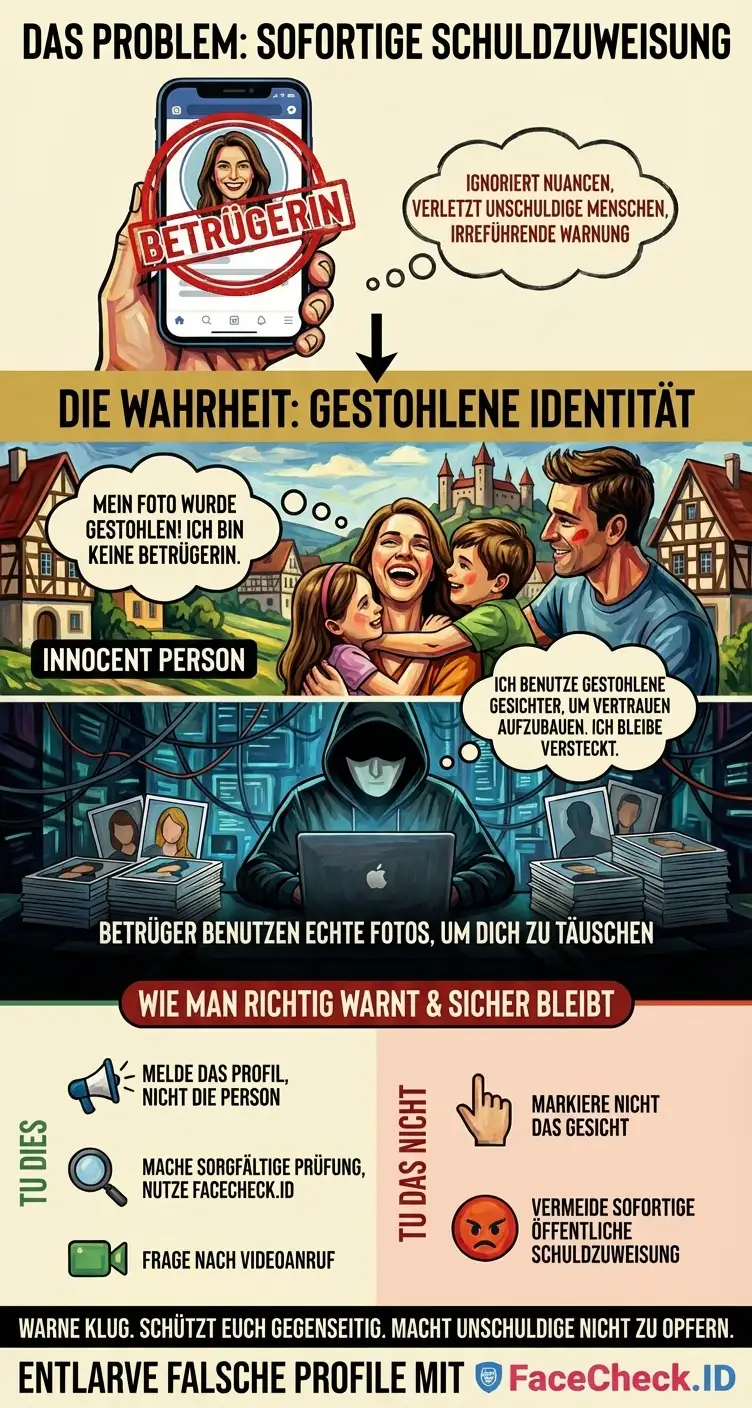 Warn-Grafik, die Nutzer daran erinnert, Identitätsdiebstahl zu melden und zu vermeiden, die Person auf dem gestohlenen Foto zu beschuldigen