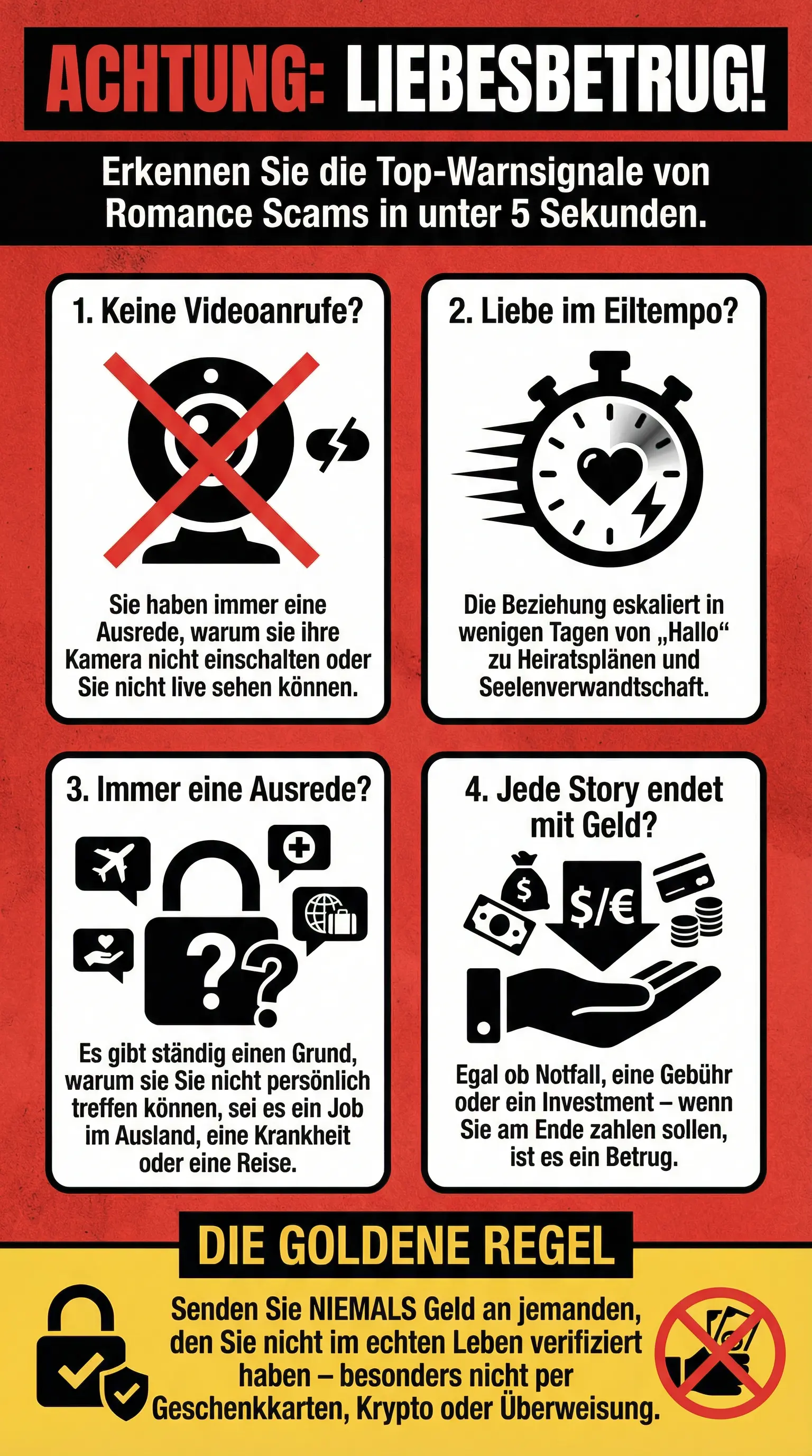 Illustration häufiger Sätze von Romance-Scammern in einem Dating-Chat, mit Hervorhebung von Ausreden, Dringlichkeit und Zahlungsaufforderungen