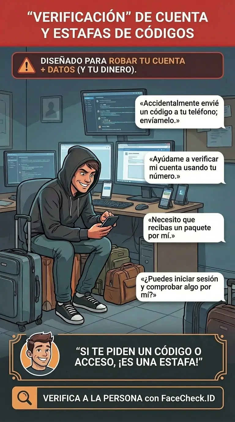 Infografía sobre estafas de verificación de cuenta y trucos con códigos de un solo uso