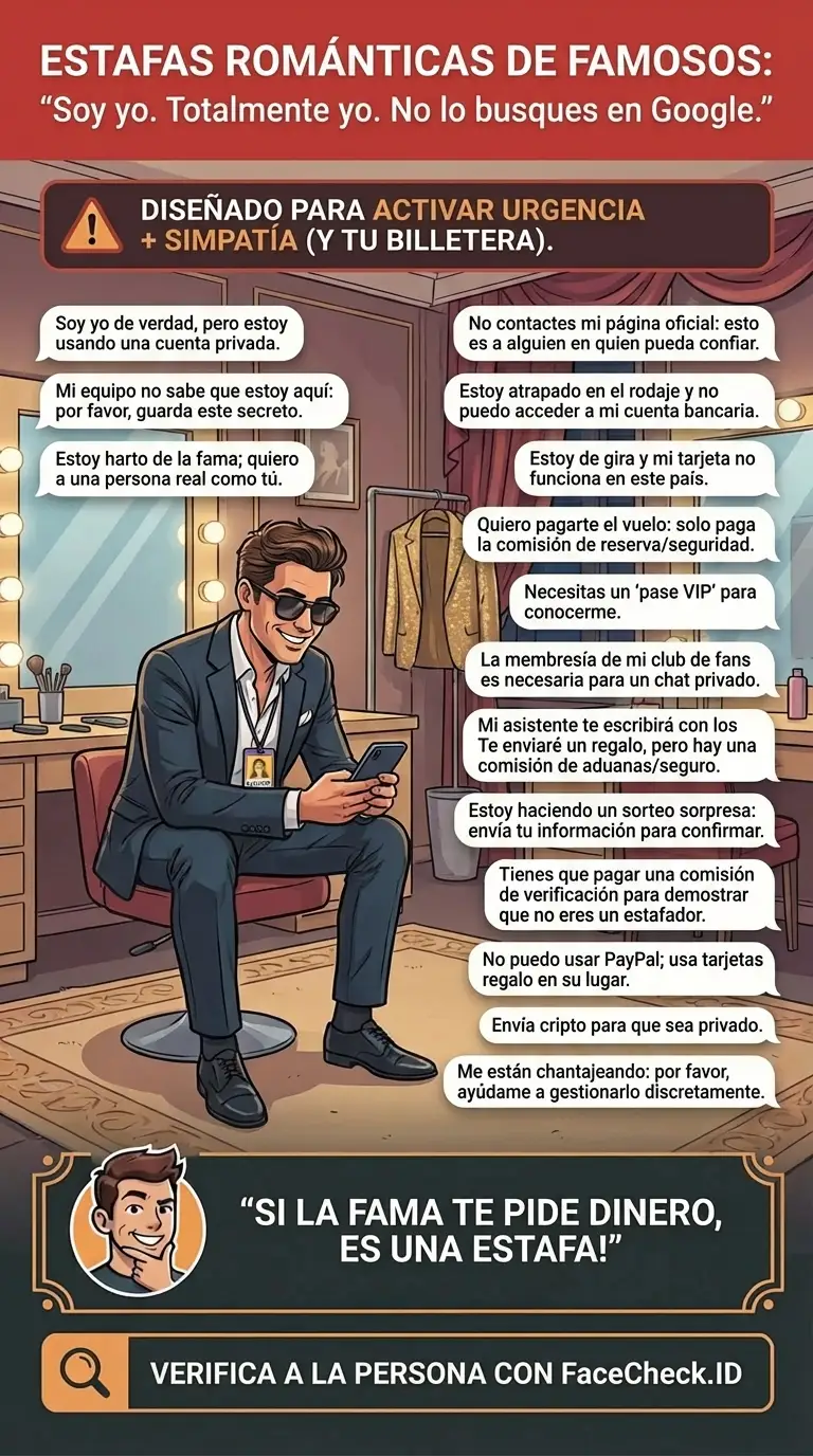 Infografía sobre estafas románticas de famosos y señales de suplantación